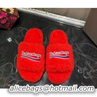 Low Cost Balenciaga Logo Wool Flat Slide Sandals 081215 Red