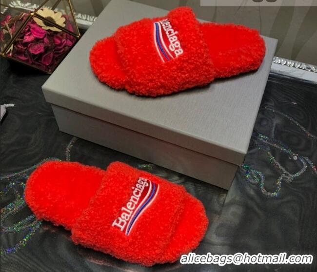 Low Cost Balenciaga Logo Wool Flat Slide Sandals 081215 Red