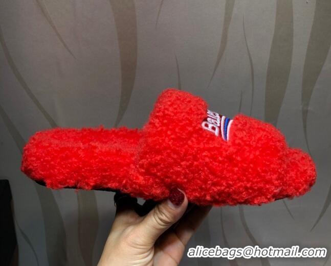 Low Cost Balenciaga Logo Wool Flat Slide Sandals 081215 Red