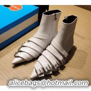 Top Quality Balenciaga Calf Leather Buckle Strap Flat Ankle Boots 092561 White 2021