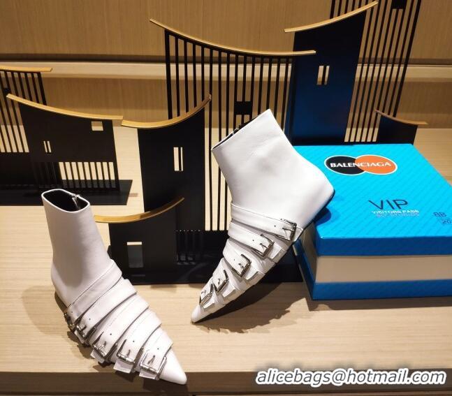 Top Quality Balenciaga Calf Leather Buckle Strap Flat Ankle Boots 092561 White 2021