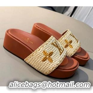 Unique Ladies Louis Vuitton Jumbo Raffia Flatform Slide Sandals 061503 Brown 2021 