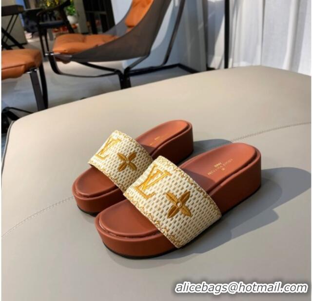 Unique Ladies Louis Vuitton Jumbo Raffia Flatform Slide Sandals 061503 Brown 2021 