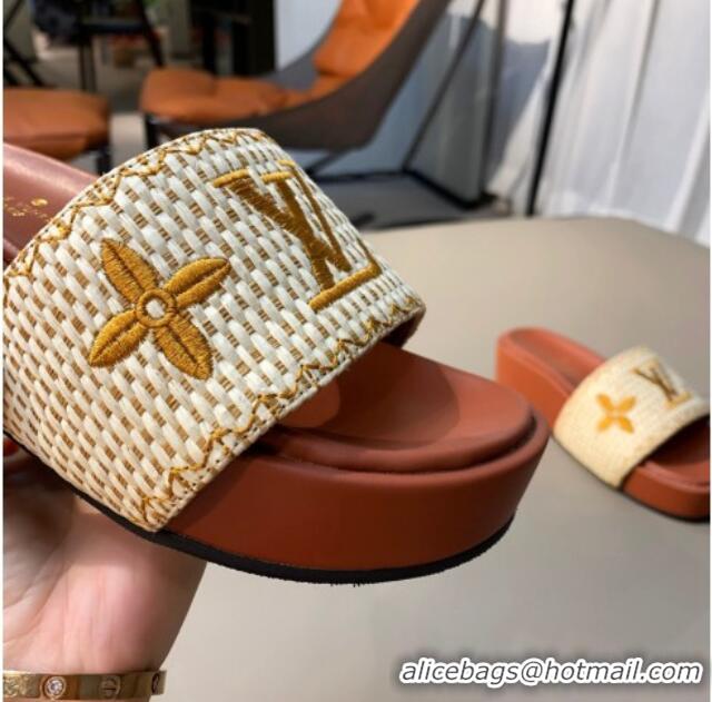 Unique Ladies Louis Vuitton Jumbo Raffia Flatform Slide Sandals 061503 Brown 2021 