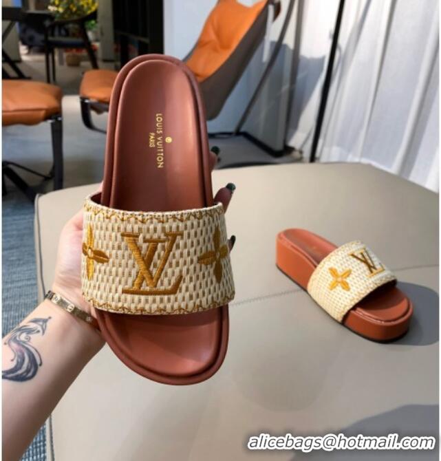 Unique Ladies Louis Vuitton Jumbo Raffia Flatform Slide Sandals 061503 Brown 2021 