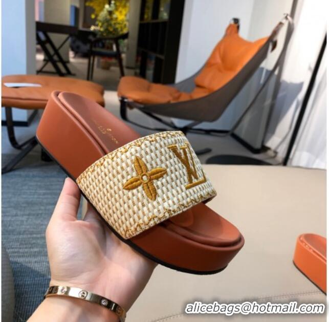 Unique Ladies Louis Vuitton Jumbo Raffia Flatform Slide Sandals 061503 Brown 2021 