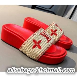 Top Quality Louis Vuitton Jumbo Raffia Flatform Slide Sandals 061503 Red 2021 