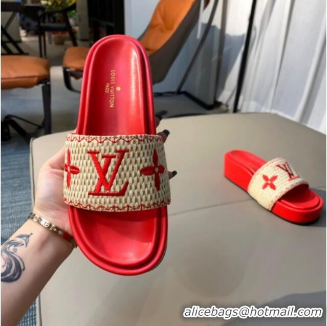 Top Quality Louis Vuitton Jumbo Raffia Flatform Slide Sandals 061503 Red 2021 