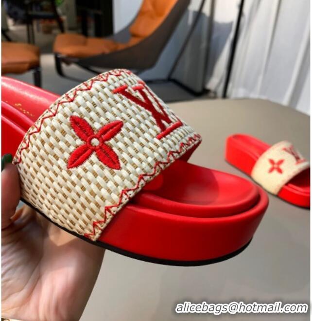 Top Quality Louis Vuitton Jumbo Raffia Flatform Slide Sandals 061503 Red 2021 