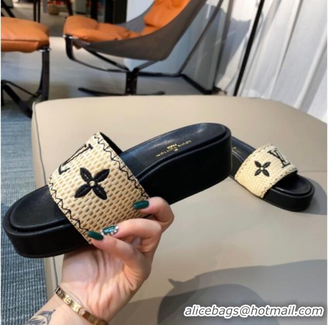 Super Quality Louis Vuitton Jumbo Raffia Flatform Slide Sandals 061503 Black 2021 