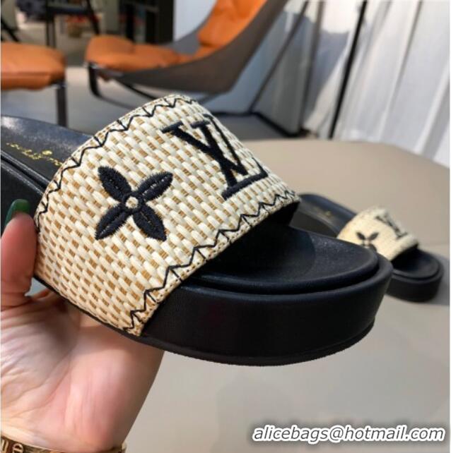 Super Quality Louis Vuitton Jumbo Raffia Flatform Slide Sandals 061503 Black 2021 