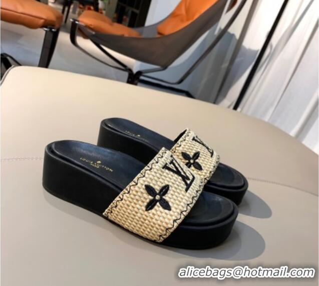 Super Quality Louis Vuitton Jumbo Raffia Flatform Slide Sandals 061503 Black 2021 