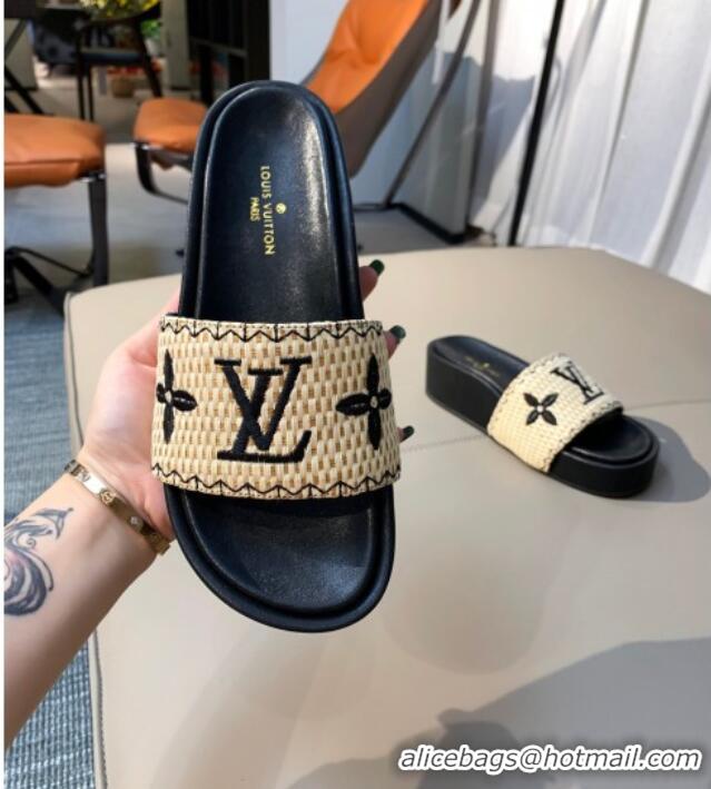 Super Quality Louis Vuitton Jumbo Raffia Flatform Slide Sandals 061503 Black 2021 