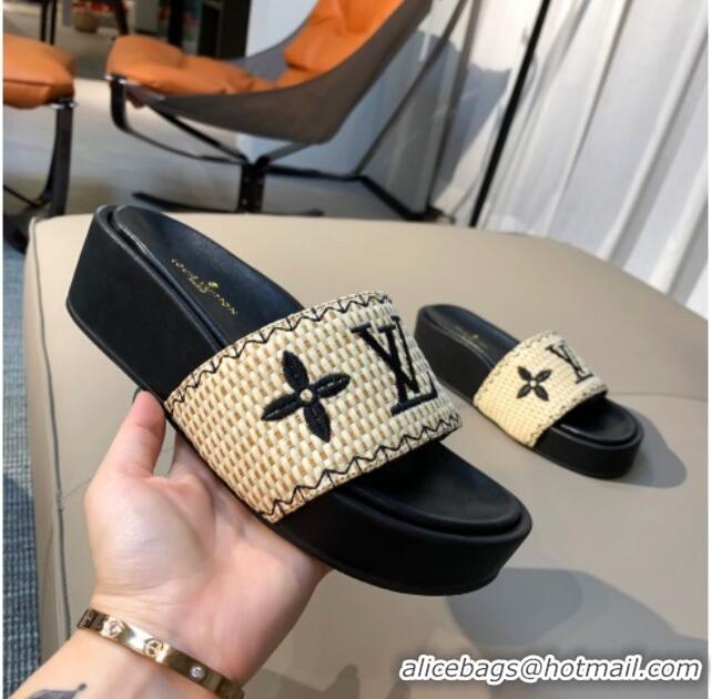 Super Quality Louis Vuitton Jumbo Raffia Flatform Slide Sandals 061503 Black 2021 