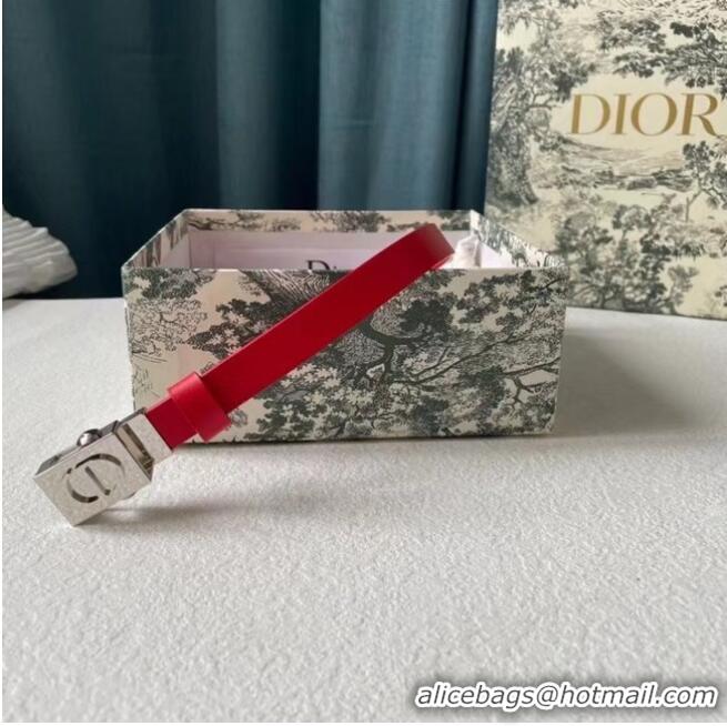 Super Quality DIOR Leather 17MM Belt B0118UM Red Silver Buckle