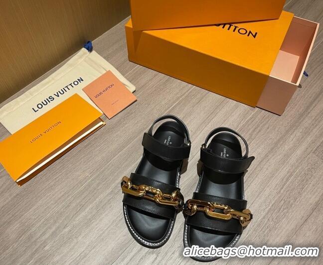 Low Price Louis Vuitton Paseo Flat Comfort Calfskin Chain Sandals 061519 Black