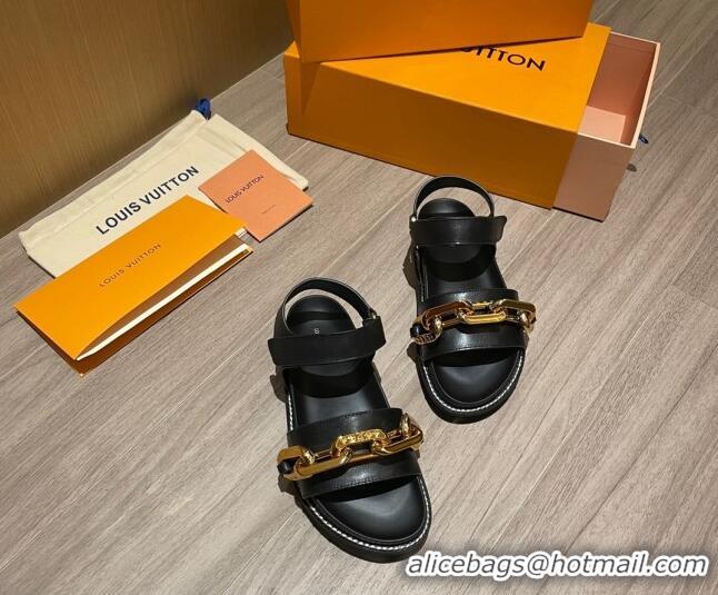 Low Price Louis Vuitton Paseo Flat Comfort Calfskin Chain Sandals 061519 Black