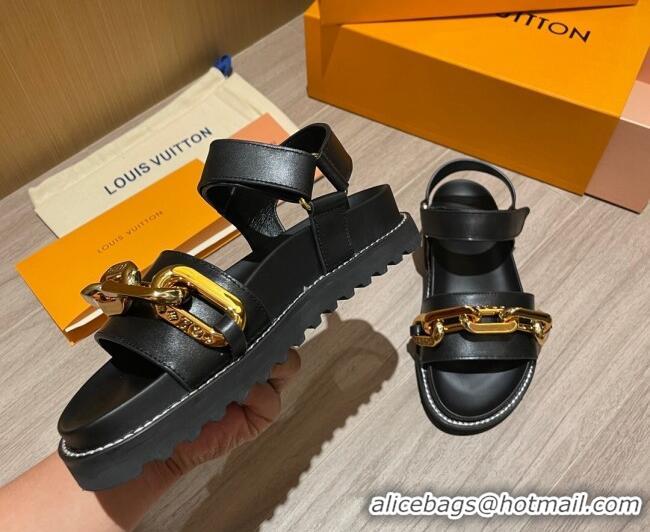 Low Price Louis Vuitton Paseo Flat Comfort Calfskin Chain Sandals 061519 Black