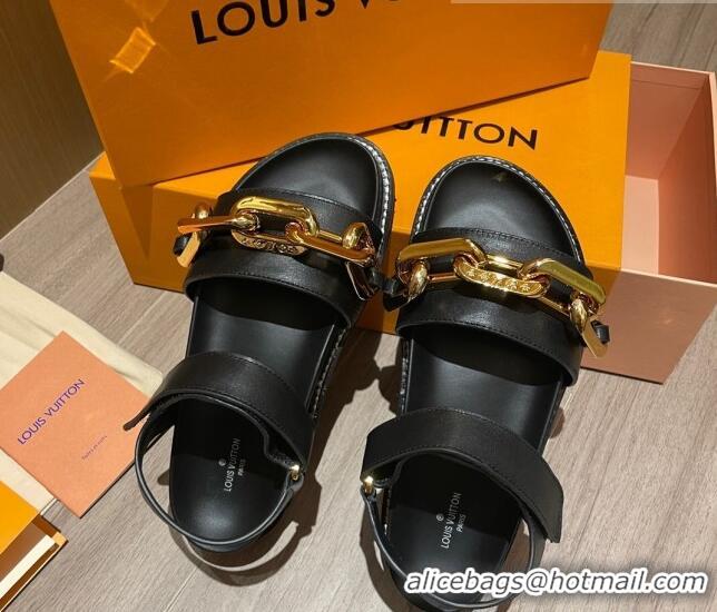 Low Price Louis Vuitton Paseo Flat Comfort Calfskin Chain Sandals 061519 Black