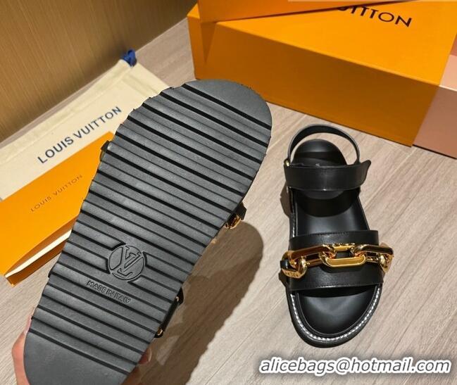 Low Price Louis Vuitton Paseo Flat Comfort Calfskin Chain Sandals 061519 Black