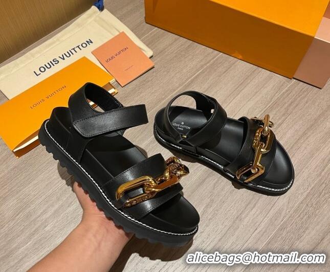 Low Price Louis Vuitton Paseo Flat Comfort Calfskin Chain Sandals 061519 Black