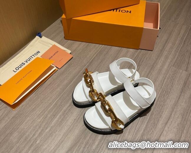 New Style Louis Vuitton Paseo Flat Comfort Calfskin Chain Sandals 061519 White