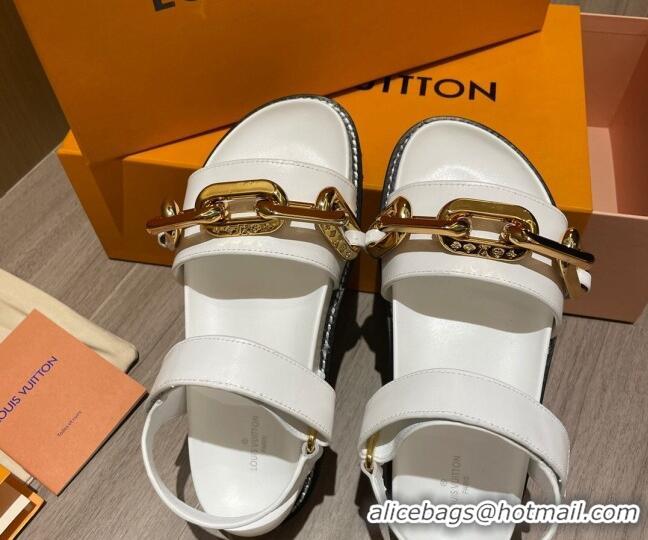 New Style Louis Vuitton Paseo Flat Comfort Calfskin Chain Sandals 061519 White