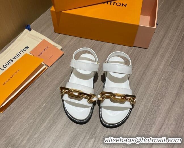 New Style Louis Vuitton Paseo Flat Comfort Calfskin Chain Sandals 061519 White