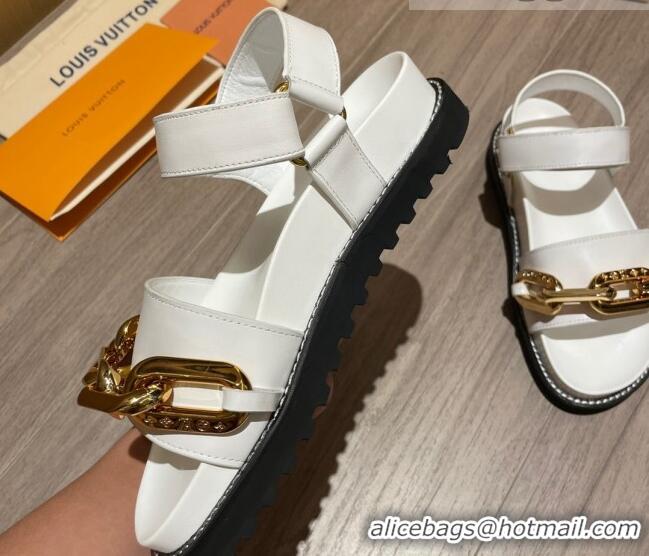 New Style Louis Vuitton Paseo Flat Comfort Calfskin Chain Sandals 061519 White