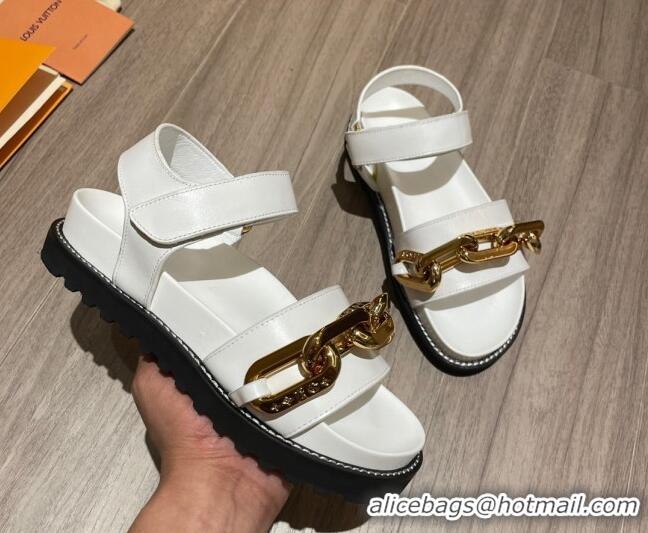 New Style Louis Vuitton Paseo Flat Comfort Calfskin Chain Sandals 061519 White