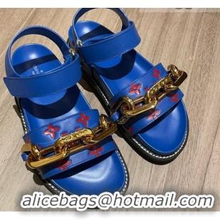 Low Price Louis Vuitton Paseo Flat Comfort Monogram Leather Chain Sandals 061519 Blue