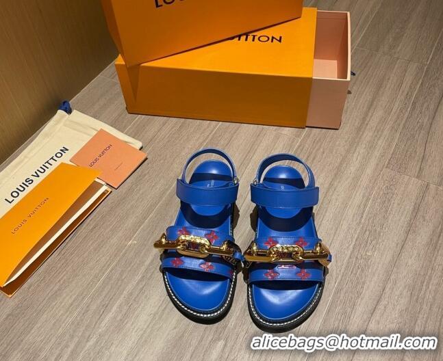 Low Price Louis Vuitton Paseo Flat Comfort Monogram Leather Chain Sandals 061519 Blue