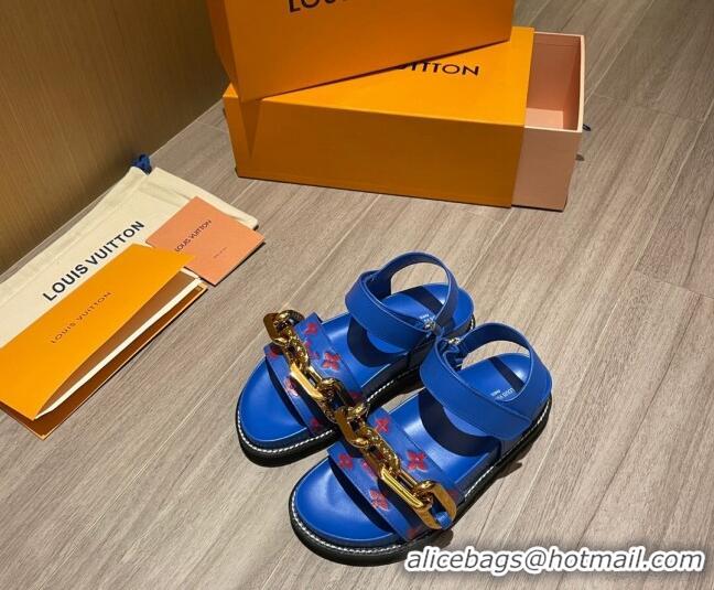 Low Price Louis Vuitton Paseo Flat Comfort Monogram Leather Chain Sandals 061519 Blue