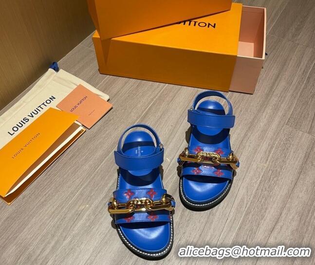 Low Price Louis Vuitton Paseo Flat Comfort Monogram Leather Chain Sandals 061519 Blue