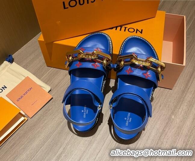 Low Price Louis Vuitton Paseo Flat Comfort Monogram Leather Chain Sandals 061519 Blue