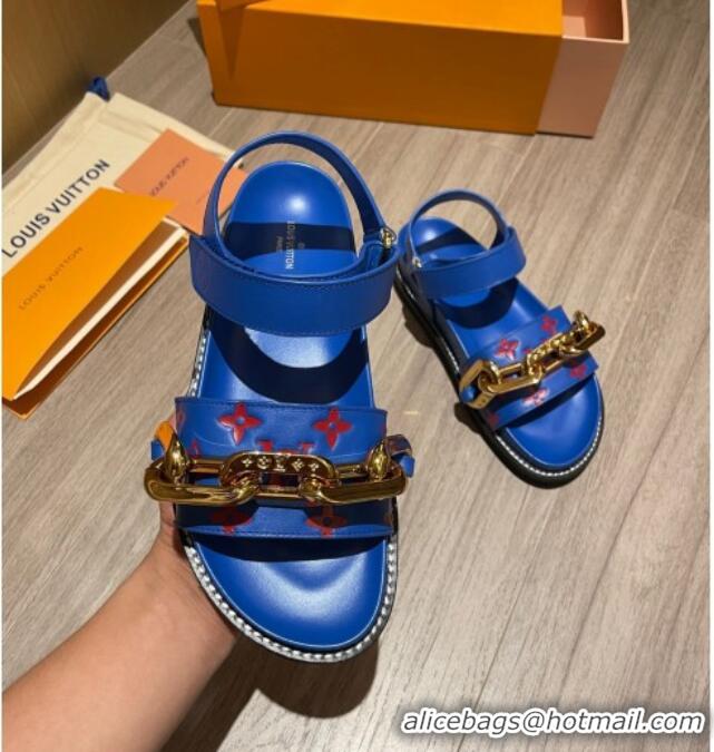 Low Price Louis Vuitton Paseo Flat Comfort Monogram Leather Chain Sandals 061519 Blue