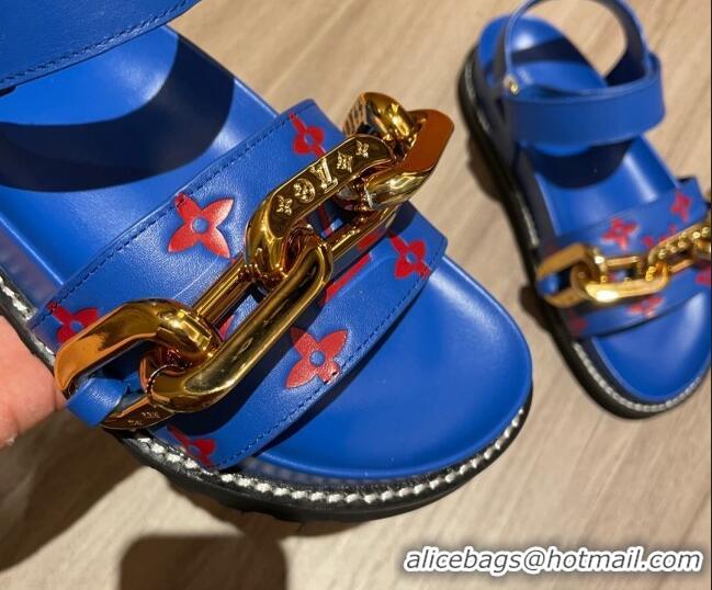 Low Price Louis Vuitton Paseo Flat Comfort Monogram Leather Chain Sandals 061519 Blue