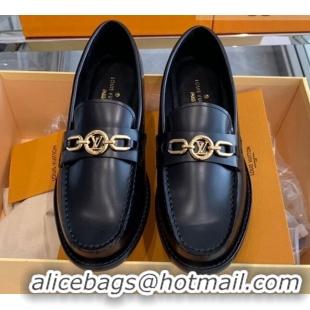 Good Quality Louis Vuitton Chess Glazed Leather Flat Loafers 070548 Black