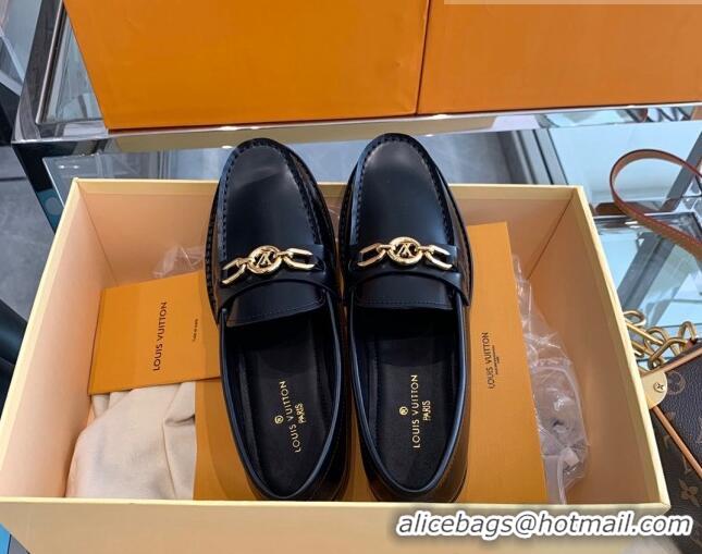 Good Quality Louis Vuitton Chess Glazed Leather Flat Loafers 070548 Black