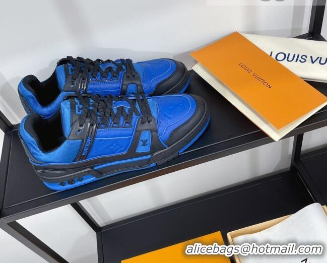 Fashion Louis Vuitton Men's Trainer Monogram Leather Sneakers 070559 Blue/Black