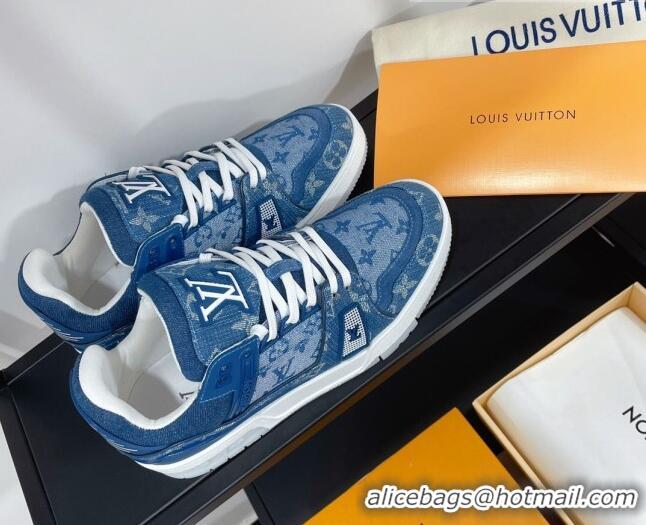 Classic Hot Louis Vuitton Men's Trainer Monogram Denim Sneakers Blue 070567