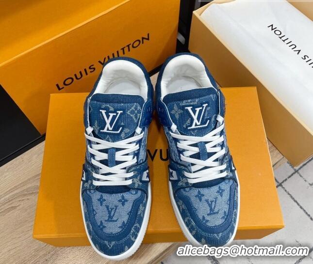 Classic Hot Louis Vuitton Men's Trainer Monogram Denim Sneakers Blue 070567