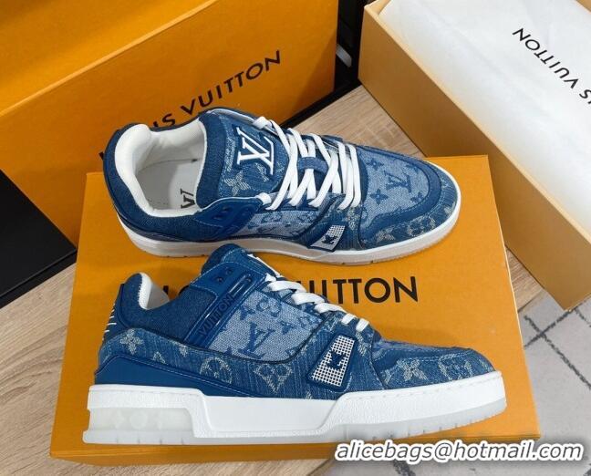 Classic Hot Louis Vuitton Men's Trainer Monogram Denim Sneakers Blue 070567