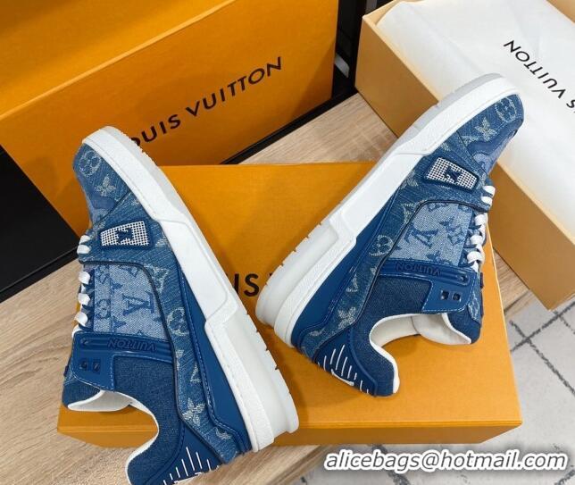 Classic Hot Louis Vuitton Men's Trainer Monogram Denim Sneakers Blue 070567