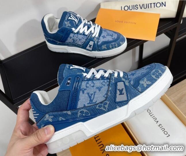 Classic Hot Louis Vuitton Men's Trainer Monogram Denim Sneakers Blue 070567