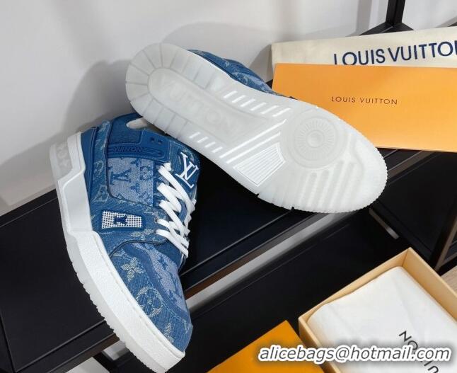 Classic Hot Louis Vuitton Men's Trainer Monogram Denim Sneakers Blue 070567