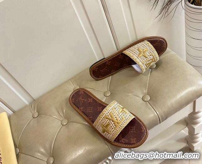 Good Quality Louis Vuitton Lock It Raffia and Monogram Canvas Slide Sandals 070809 Brown/Gold 2021