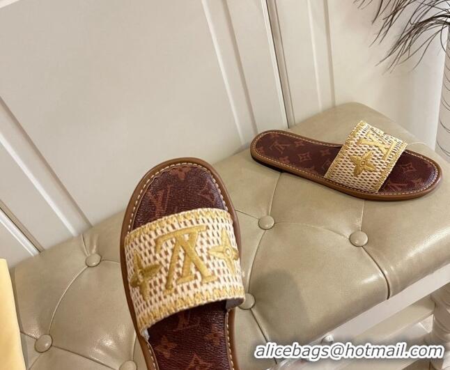 Good Quality Louis Vuitton Lock It Raffia and Monogram Canvas Slide Sandals 070809 Brown/Gold 2021