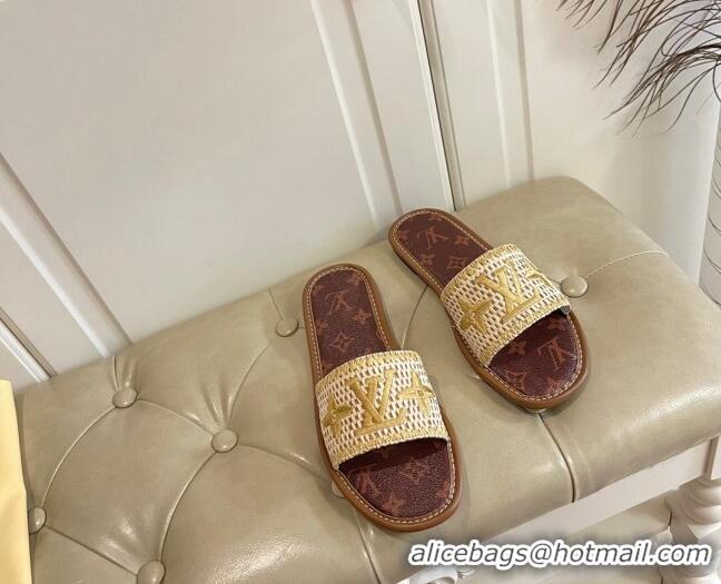 Good Quality Louis Vuitton Lock It Raffia and Monogram Canvas Slide Sandals 070809 Brown/Gold 2021