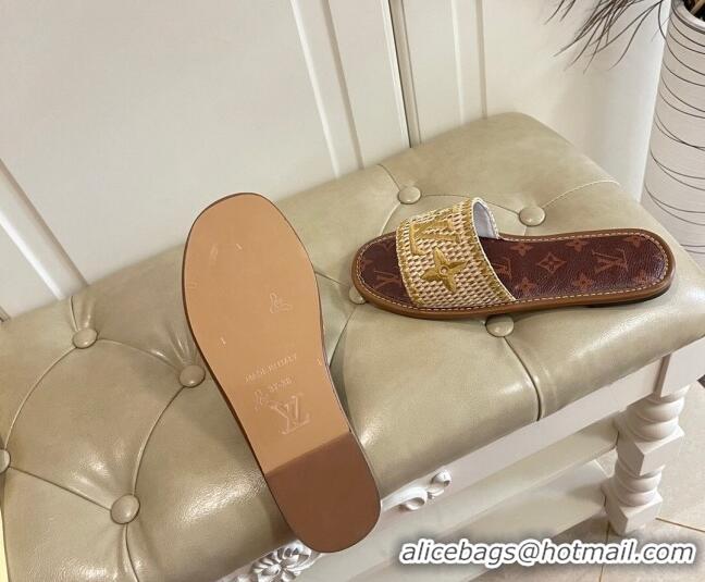 Good Quality Louis Vuitton Lock It Raffia and Monogram Canvas Slide Sandals 070809 Brown/Gold 2021